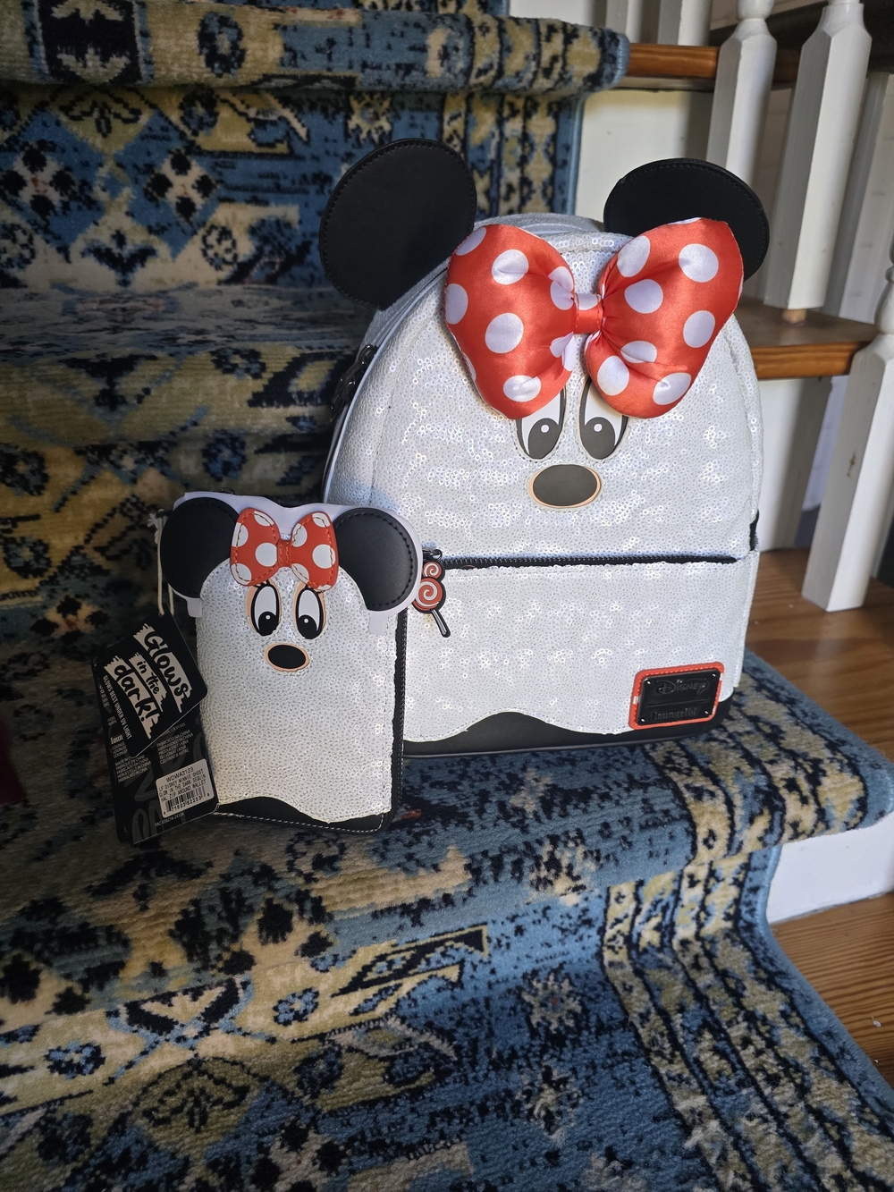 Loungefly Disney Kids Minnie Mouse White Sequin Backpack with Red Polka Dot Bow